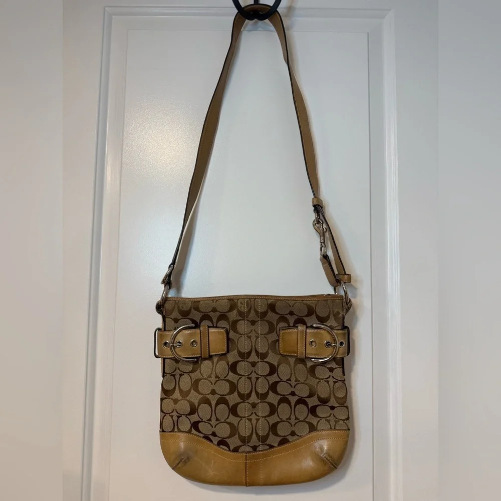 Coach Tan and Brown Signature Shoulder Bag